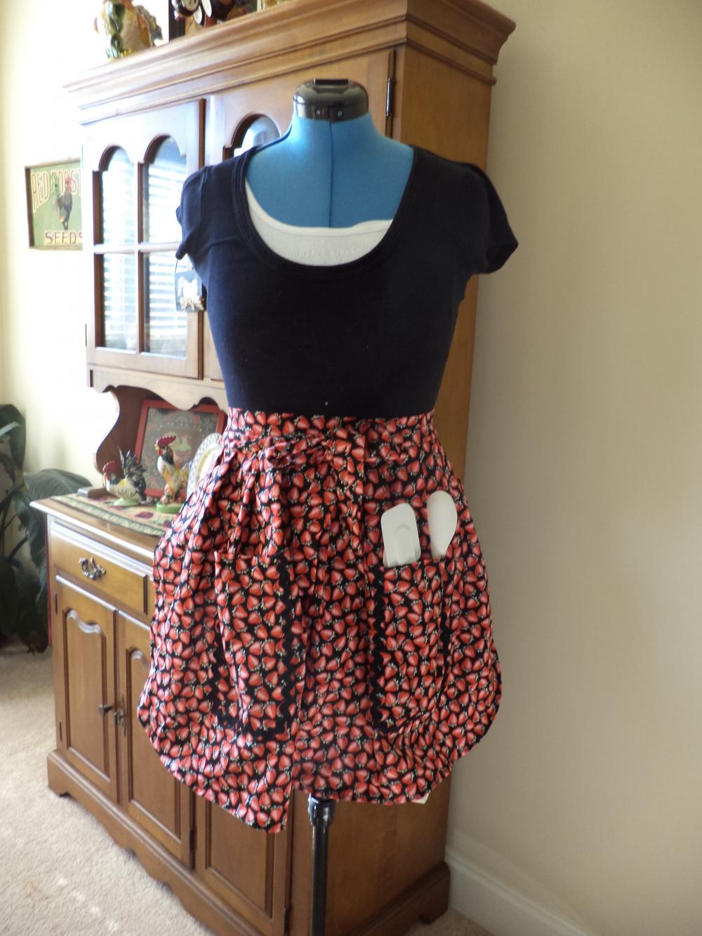 Colorful Half- Waist Apron, retro apron,Strawberry pattern on black background with black rick rack accents
